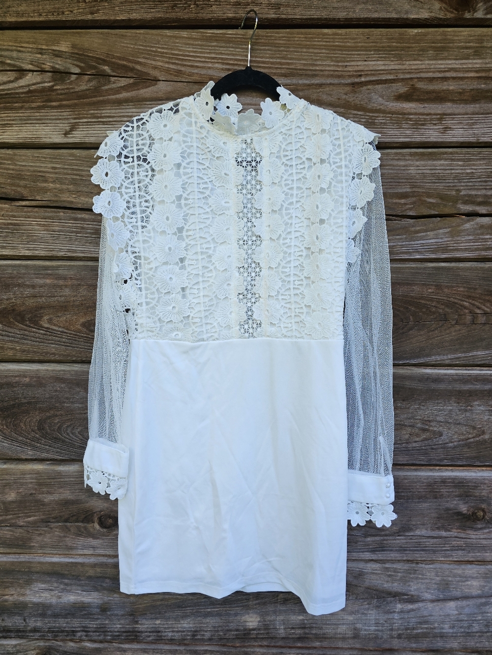 NWT Elly Bazar White Lace Mini Dress Sheer Sleeves Floral Overlay Size L